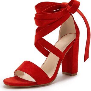 Women’s Suede Lace Up Heeled Sandals 4 Inch Chunky Block Party Dress Shoes